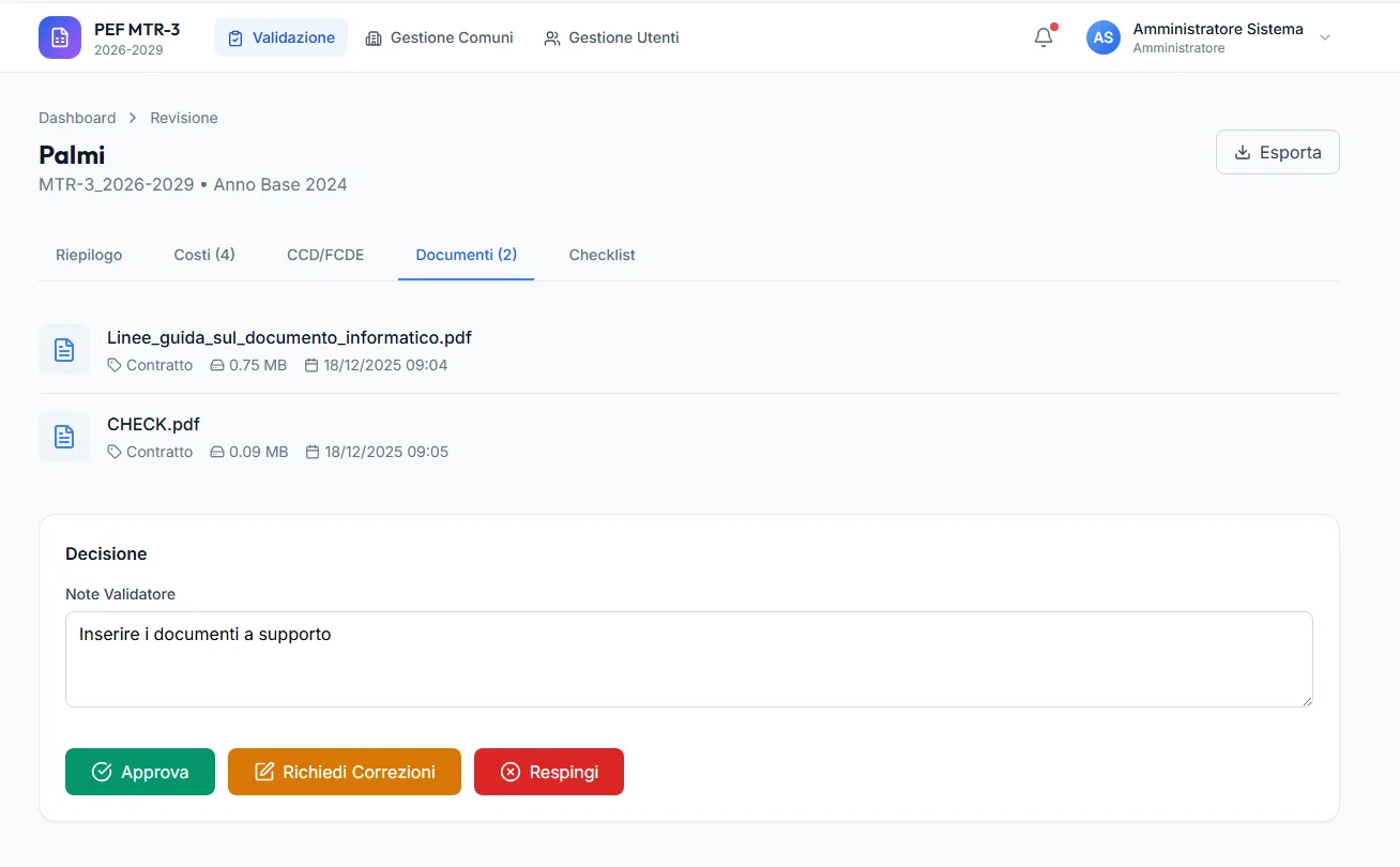 Schermata di Tariflow: decisione del validatore