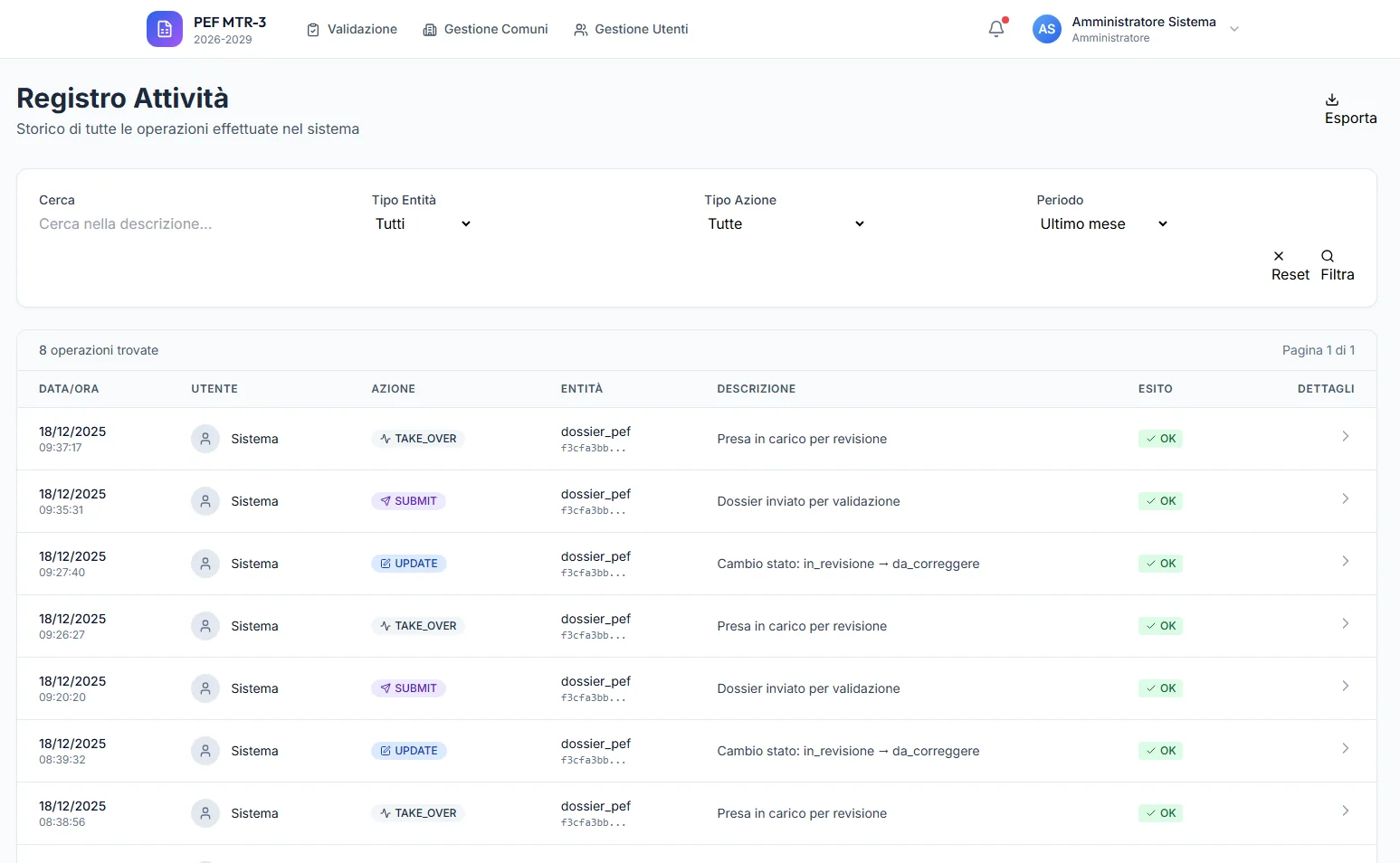 Schermata di Tariflow: registro attività con lo storico delle operazioni